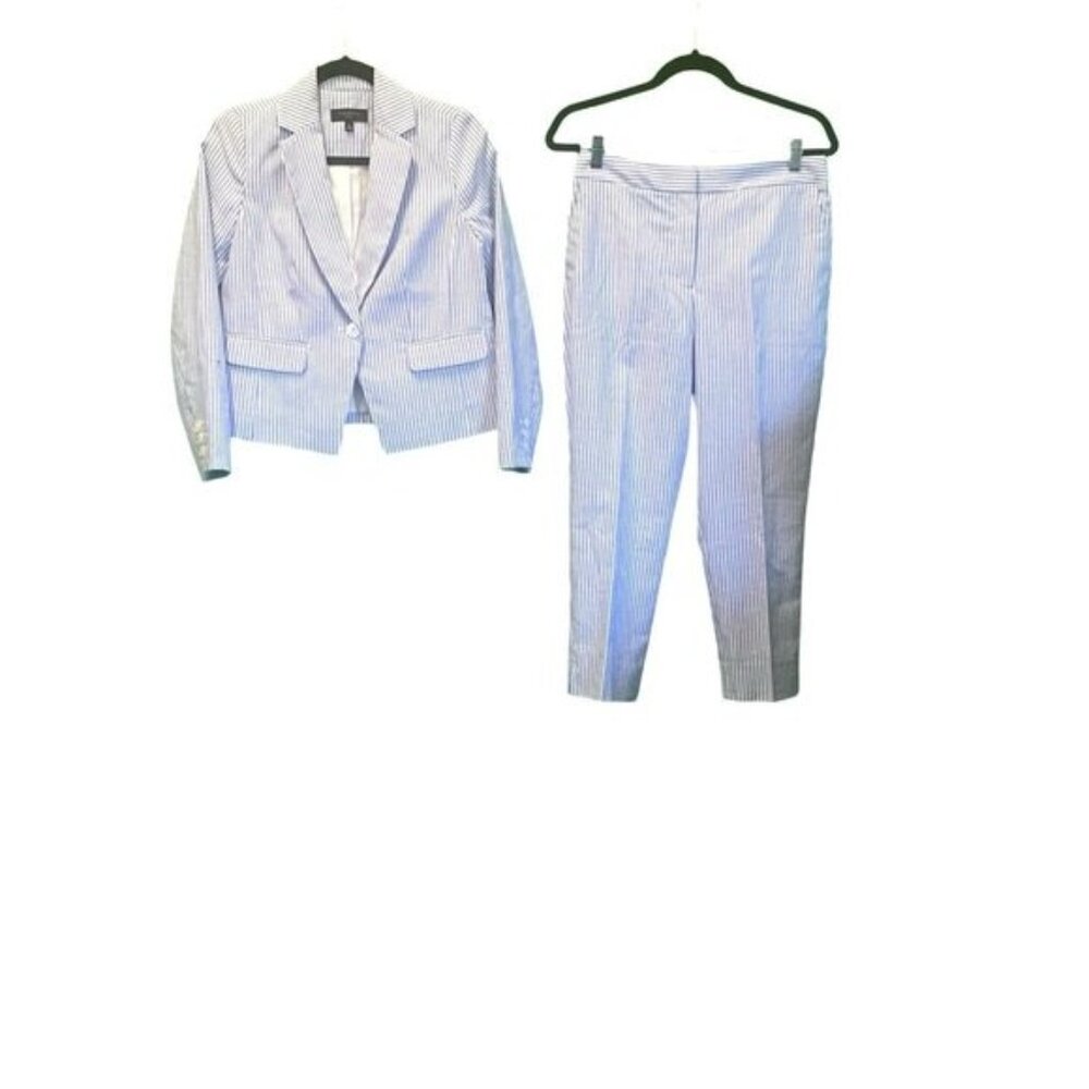 Talbots Blue Striped Seersucker Linen Blend 2 Piece Suit Blazer 4P Pants 6P - Picture 4 of 6